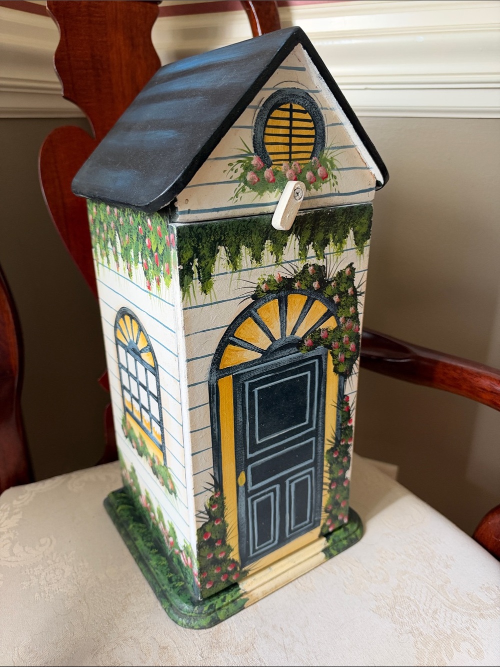Artisan made wooden row house cabinet with 2 shelves, signed by artist